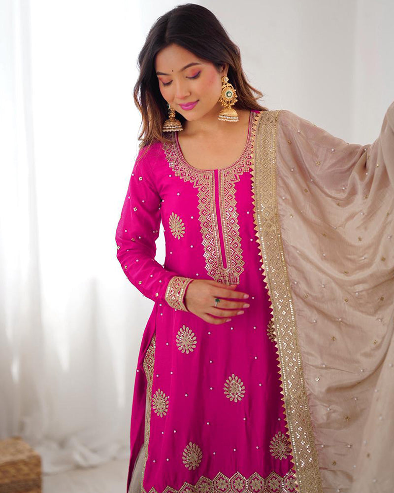 Pink Color Chinon Silk Embroidered Sharara Suit