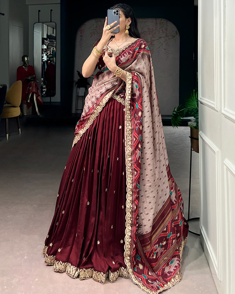 Premium Maroon Embroidered Vichitra Silk Lehenga Choli