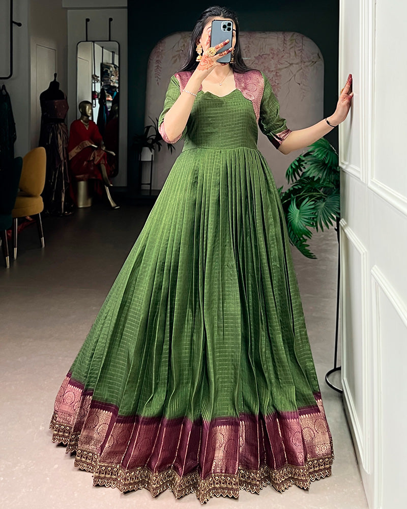 Mehndi Color Dola Chex Zari Weaving Gown