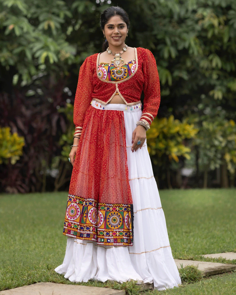 Red And White Color Rayon Cotton Navratri Lehenga Choli