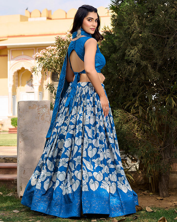 Royal Blue Color Tussar Silk Floral And Foil Printed Navratri Lehenga Choli