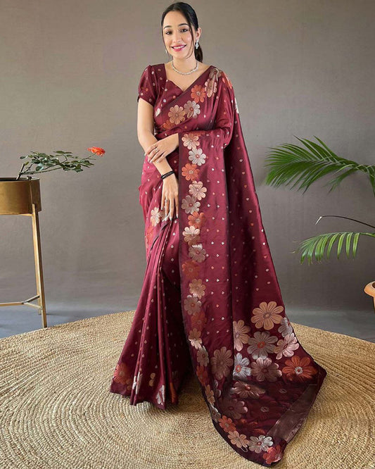 Jacquard Design Maroon color Soft Lichi Silk Saree