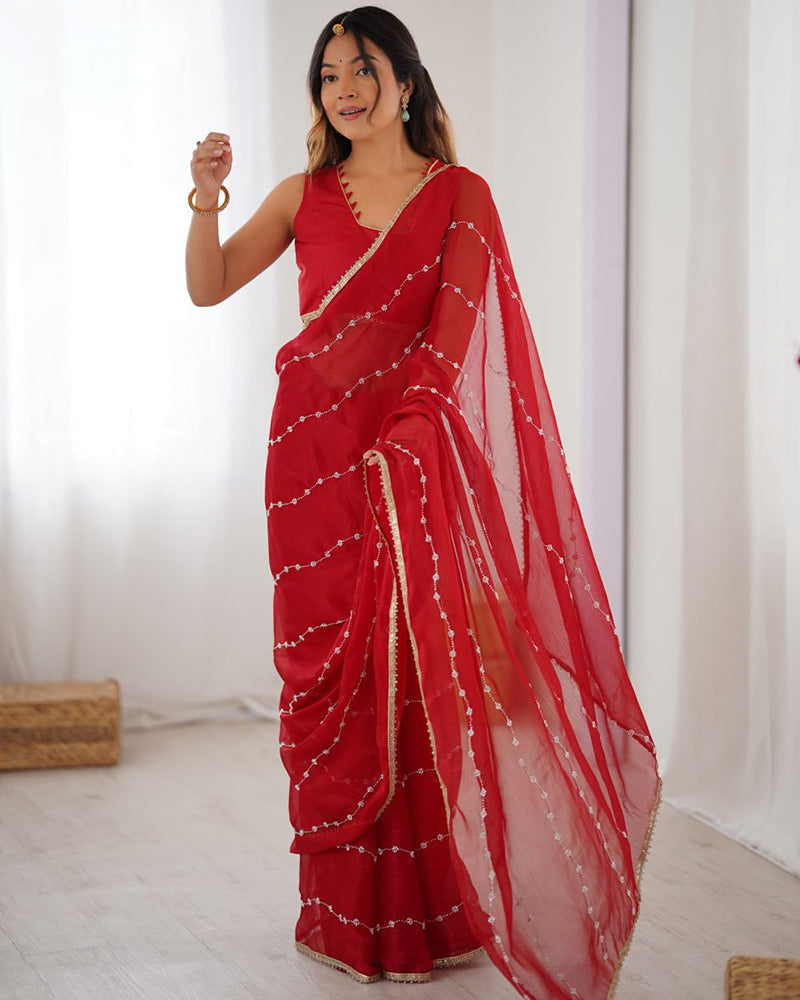 Red Color Smooth Sitara Embroidered Saree