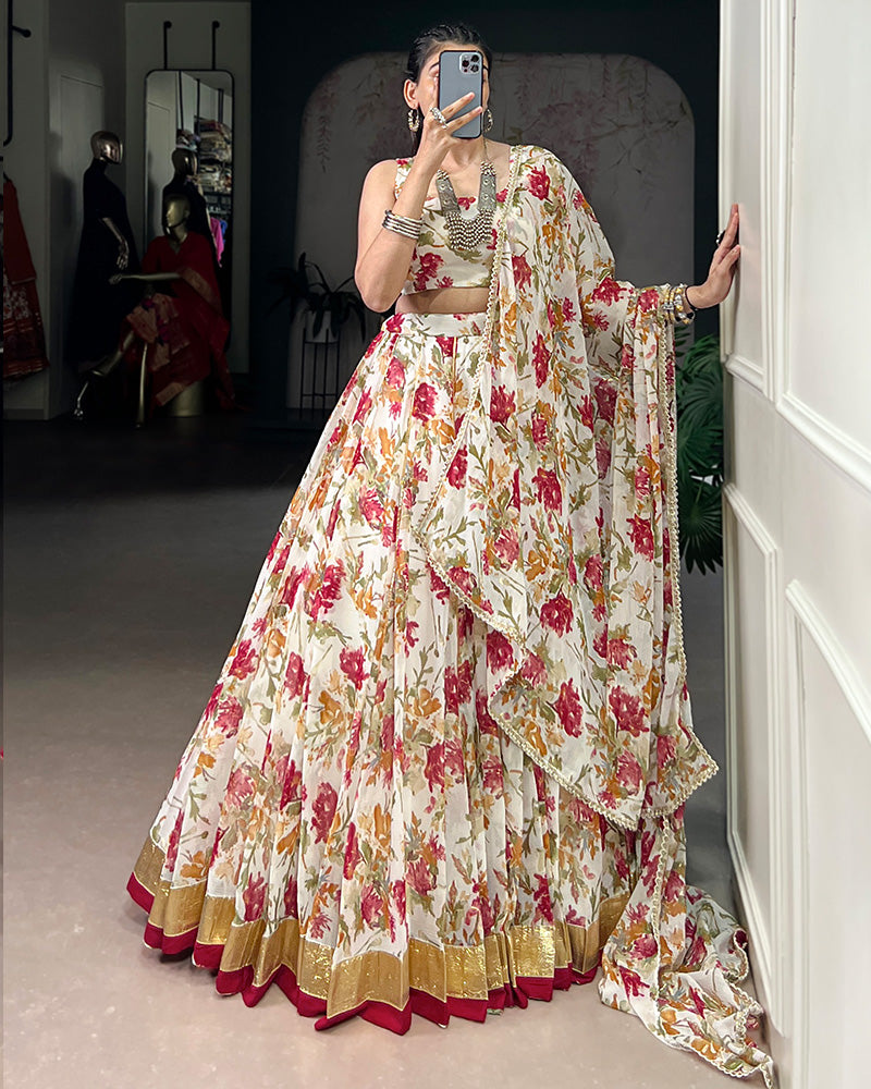 White Color Chiffon Printed Lehenga Choli