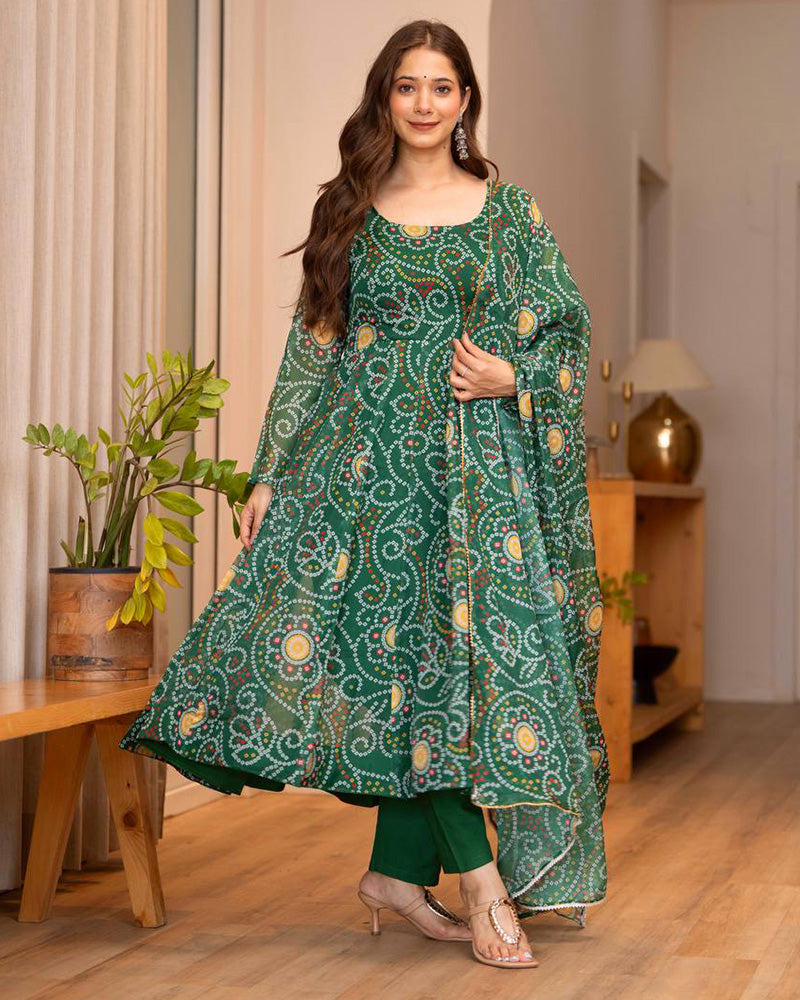 Green Color Bandhej Print Tabby Organza Anarkali Suit