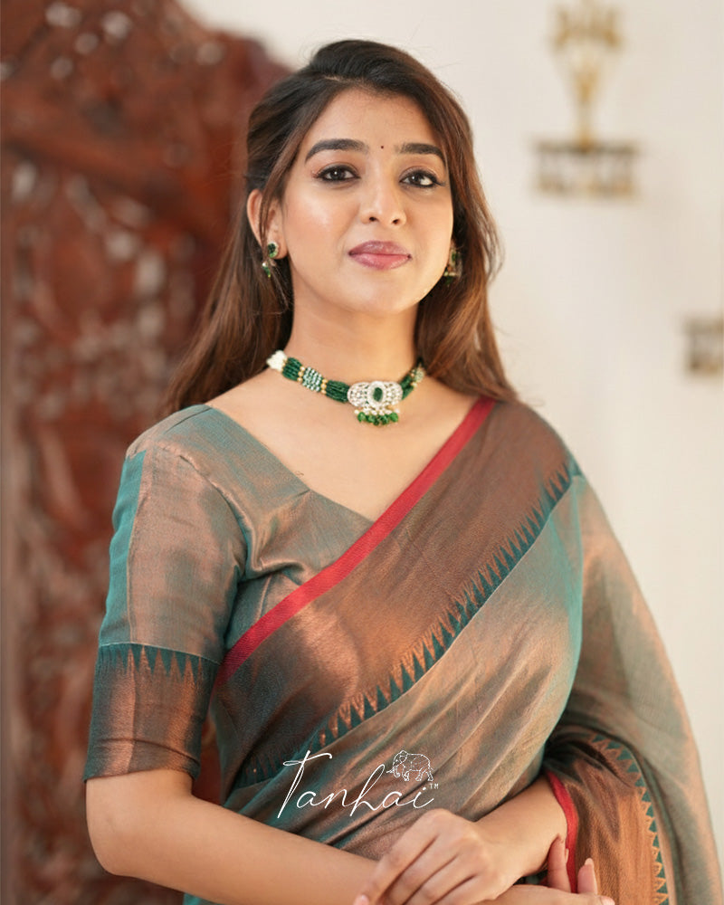 Sea Green Color Tissue Cotton Saree