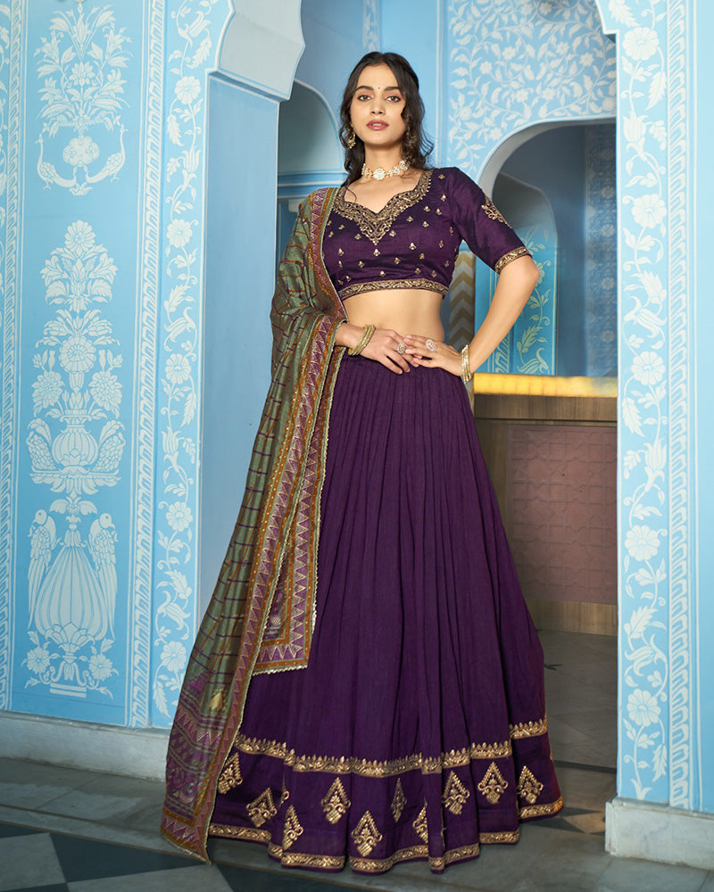 Elegant Dark Purple Embroidered Vichitra Silk Lehenga Choli