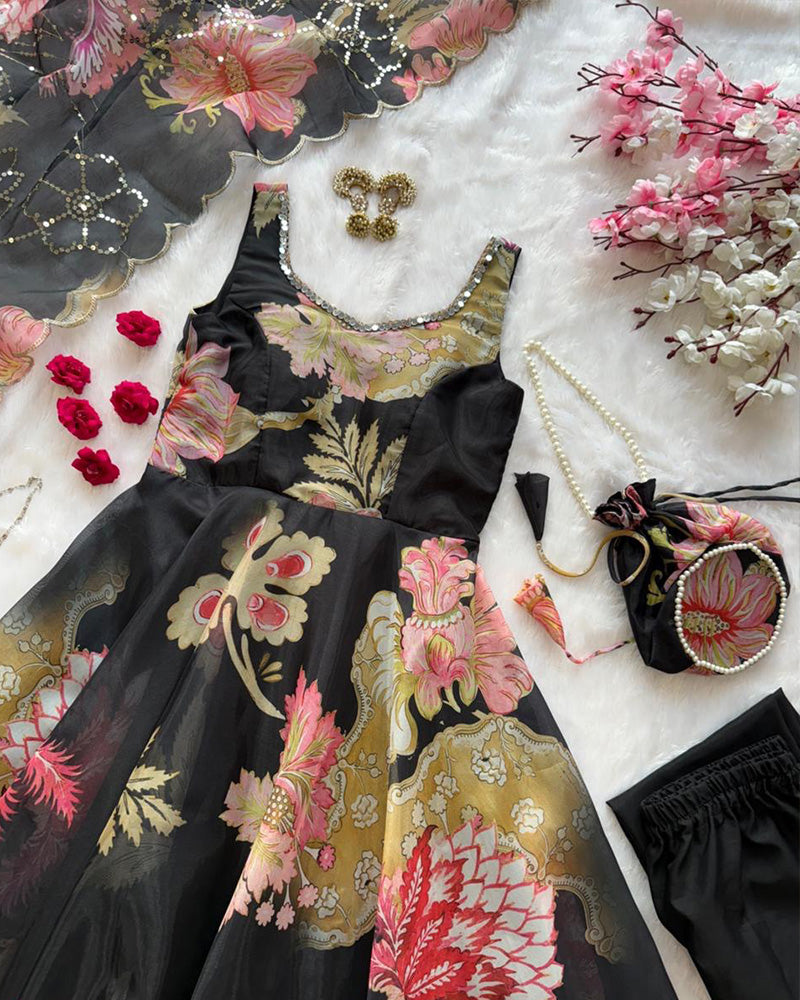 Black Color Digital Printed Soft Organza Anarkali Suit