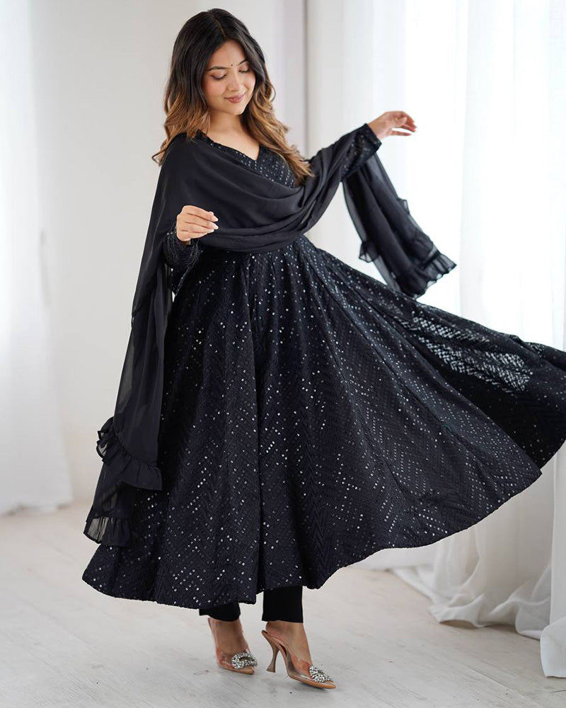 Black Color Georgette Lucknowi Three Piece Anarkali Suit