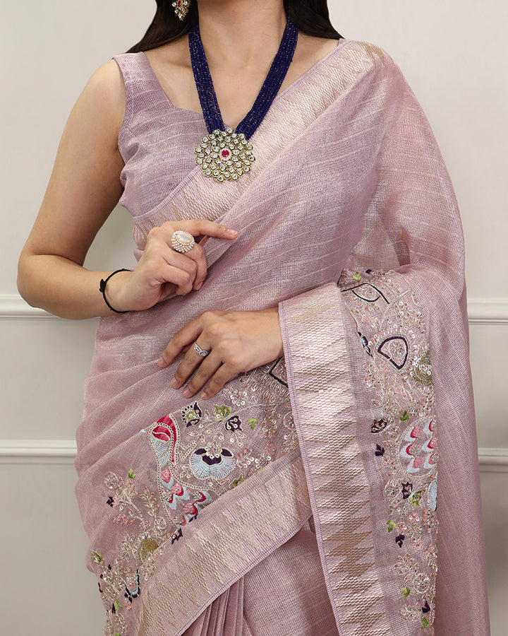 Light Pink Color Embroidered Kota Tissue Saree