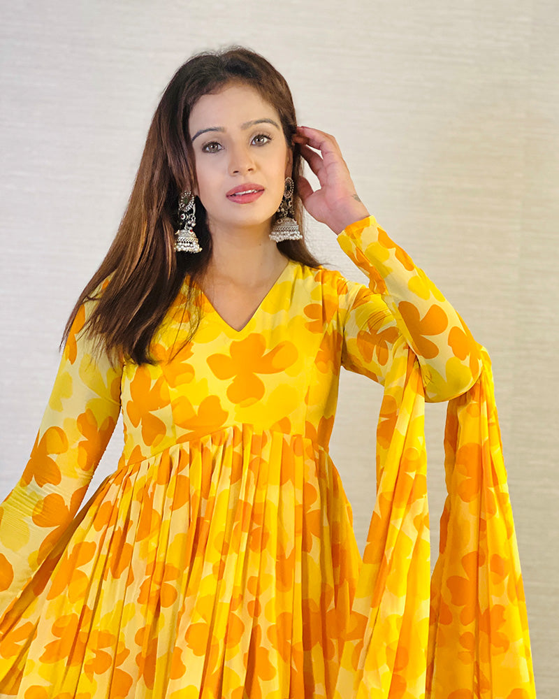 Yellow Color Georgette Three Piece Anarkali Suit