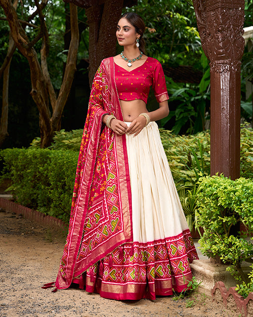 Red Color Tussar Silk Patola Printed Lehenga Choli