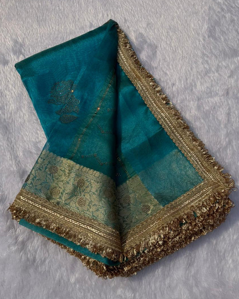 Premium Firozi Color Organza Tissue Silk Saree