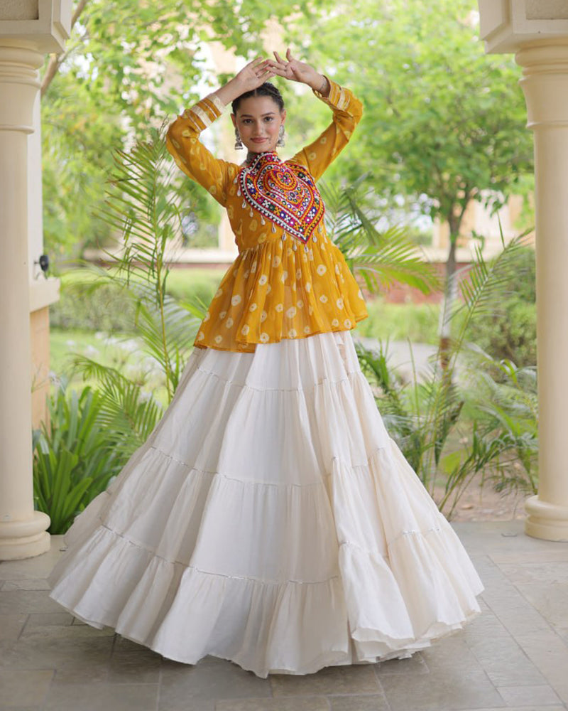 Yellow Color Bandhani Printed With Kora Cotton Navratri Lehenga Set