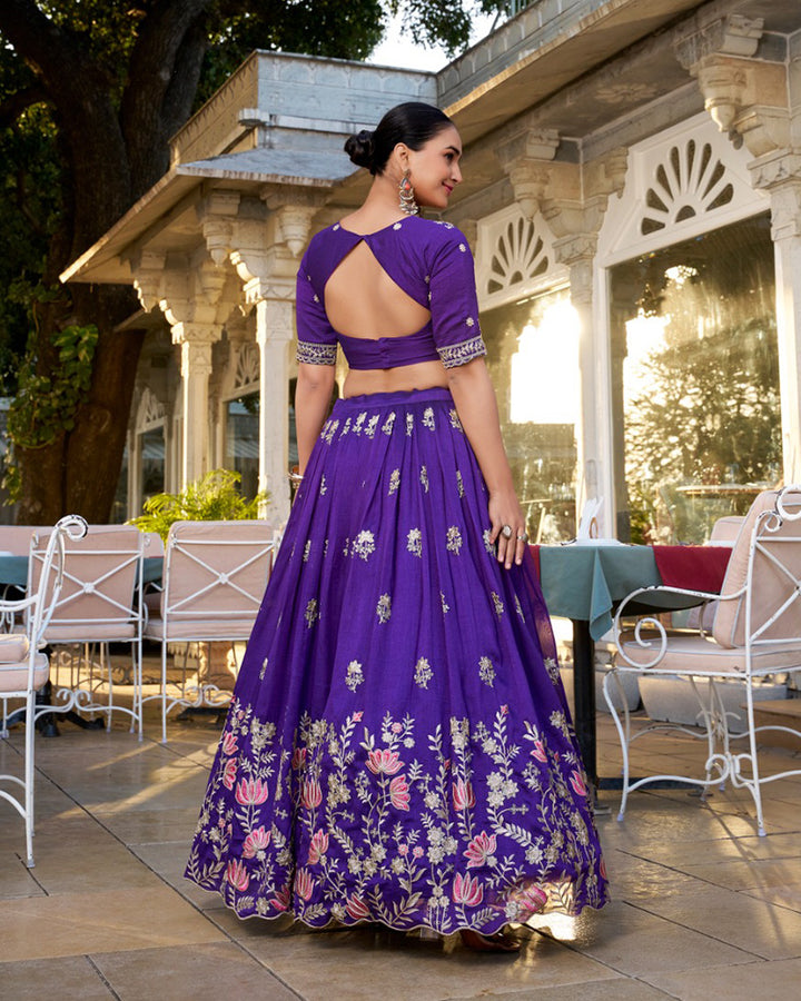 Purple Color Vichitra Silk Thread Embroidered Lehenga Choli