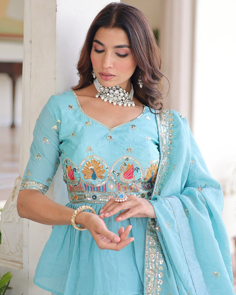 Sky Color Gold Crush Embroidered Lehenga Choli