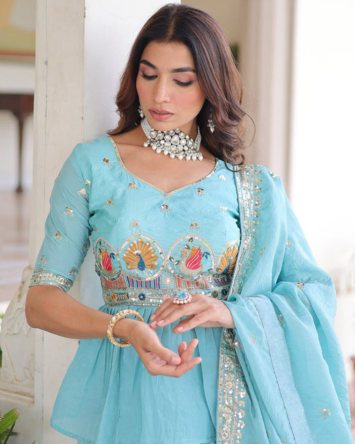 Sky Color Gold Crush Embroidered Lehenga Choli