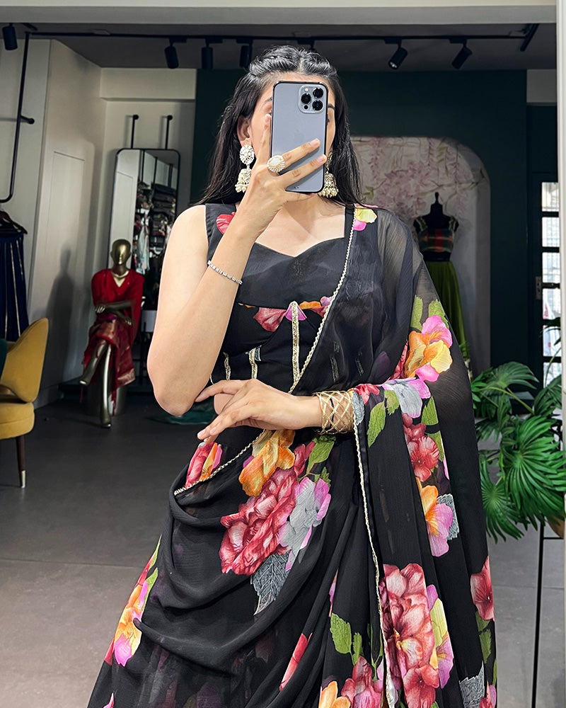 Black Color Lightweight Chiffon Printed Lehenga Choli