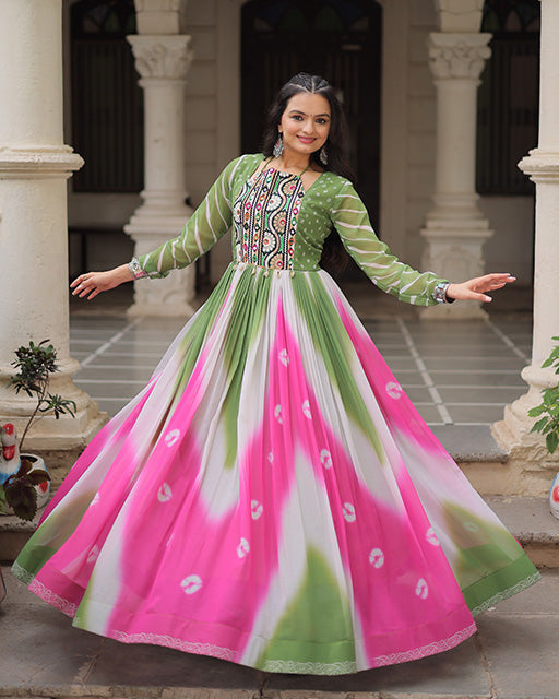Green Color Faux Georgette Bandhej Print Navratri Gown