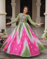 Green Color Faux Georgette Bandhej Print Navratri Gown