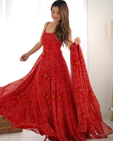 Floral Red Color Bandhani Print Soft Chiffon Anarkali Gown