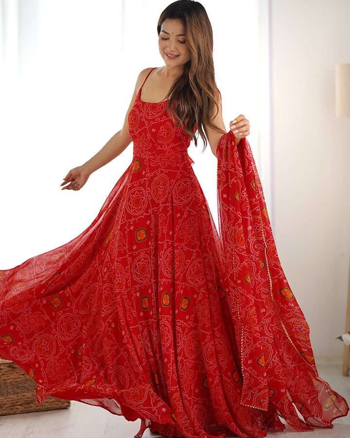 Floral Red Color Bandhani Print Soft Chiffon Anarkali Gown