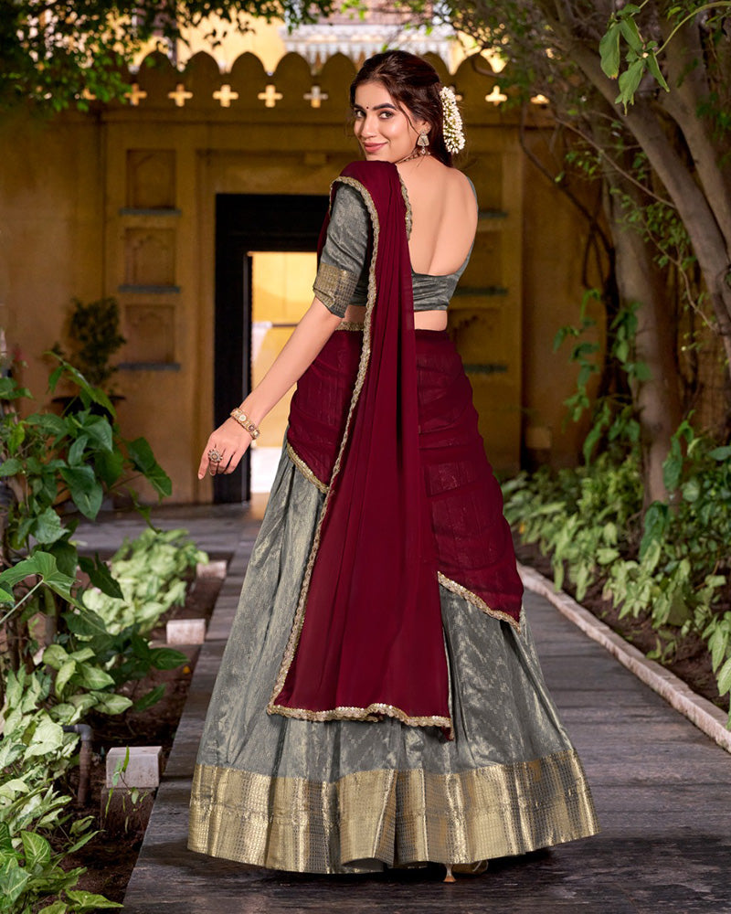 Grey Color Dupion Silk Zari Weaving Half Saree