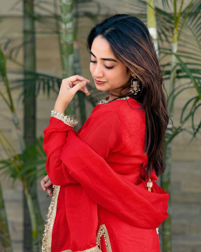 Red Color Fendi Satin Silk Kurti Suit