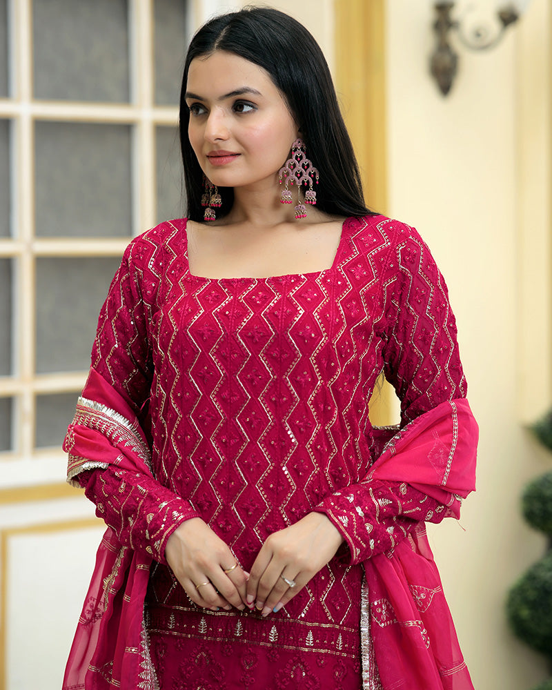 Rani Pink Color Three Piece Sharara Suit