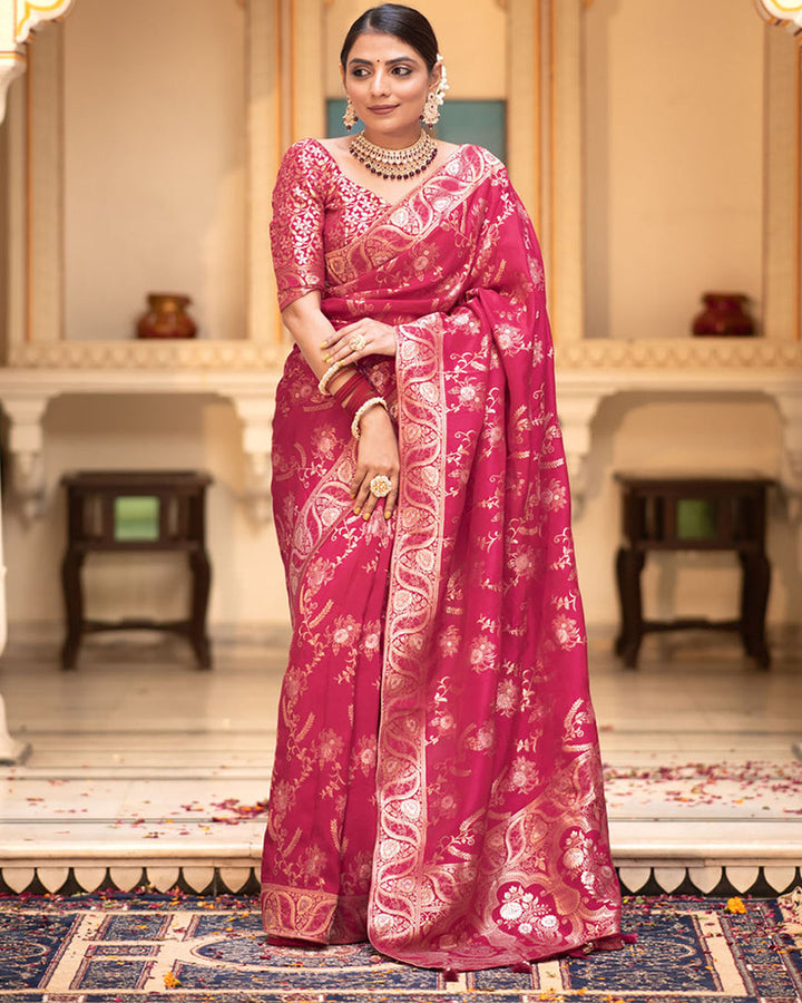 Rani Pink Color Banarasi Jacquard Zari Weaving Saree