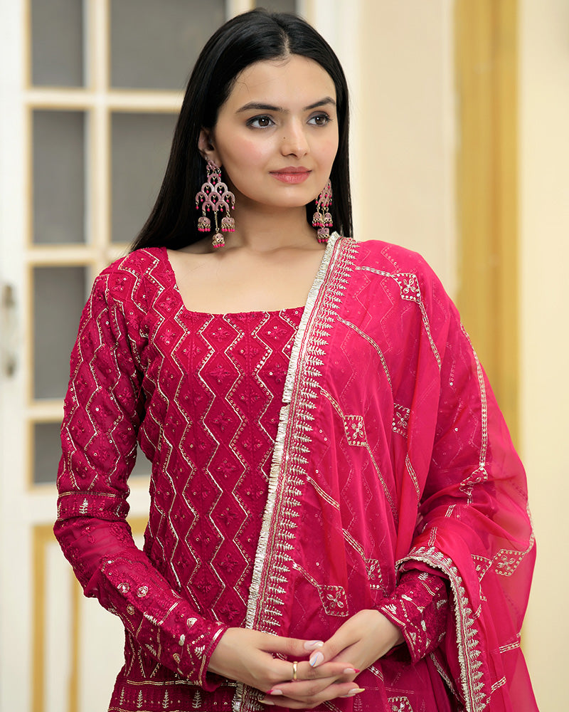 Rani Pink Color Three Piece Sharara Suit