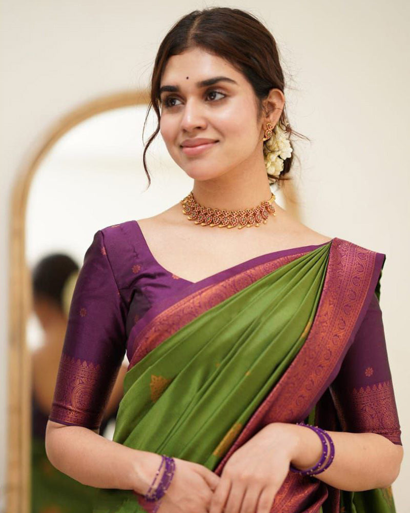 Green Color Jacquard Print Banarasi Soft Silk Saree