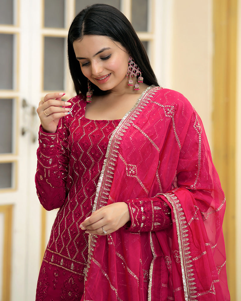 Rani Pink Color Three Piece Sharara Suit