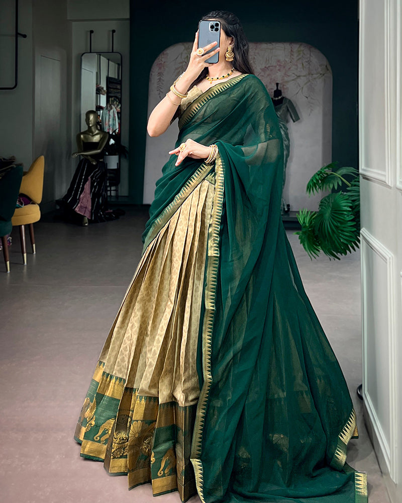 Cream Color Poly Cotton Zari Weaving Half Saree