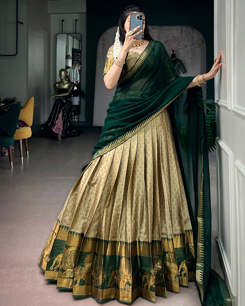 Cream Color Poly Cotton Zari Weaving Half Saree