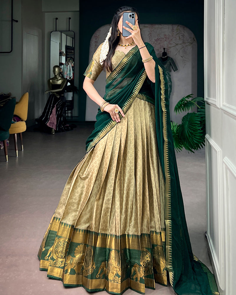 Cream Color Poly Cotton Zari Weaving Half Saree