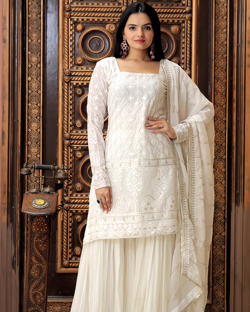 White Color Three Piece Sharara Suit