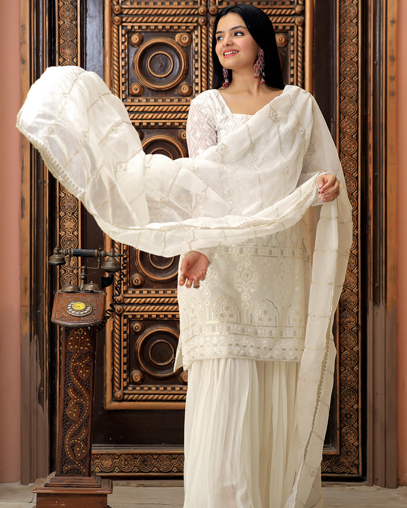 White Color Three Piece Sharara Suit