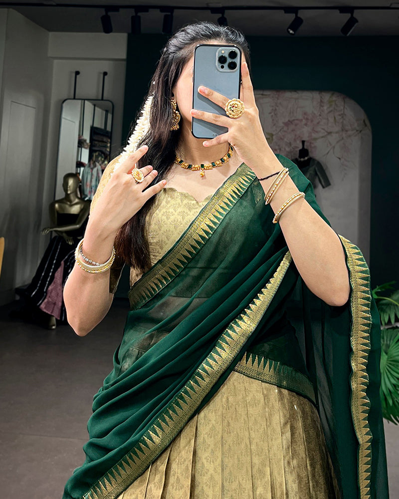 Cream Color Poly Cotton Zari Weaving Half Saree