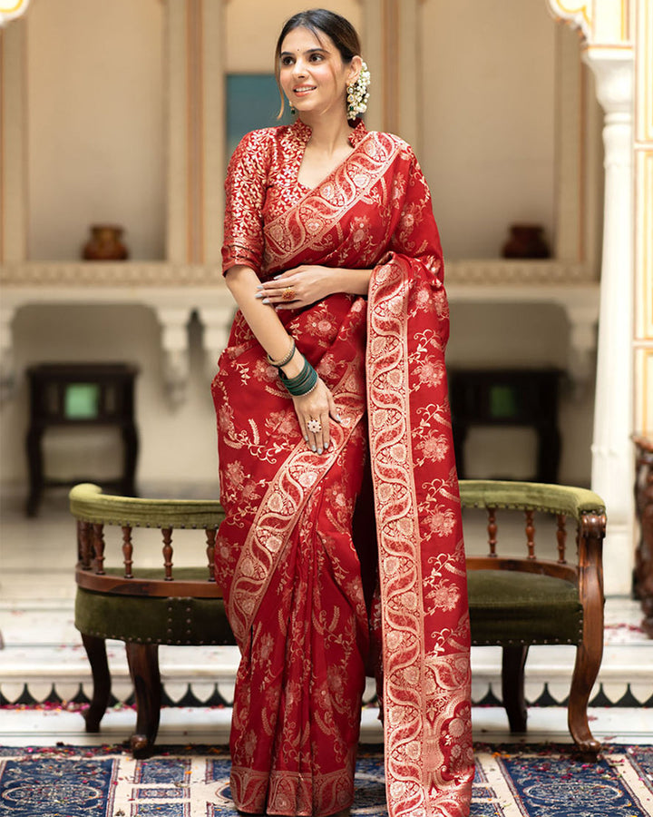 Red Color Banarasi Jacquard Zari Weaving Saree