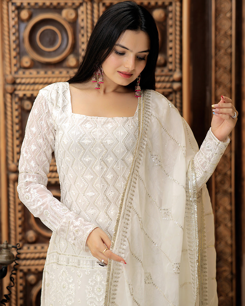 White Color Three Piece Sharara Suit