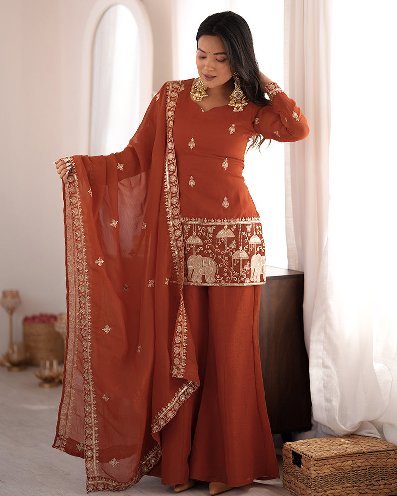 Rust Orange Color Crunchy Silk Embroidered Plazzo Suit