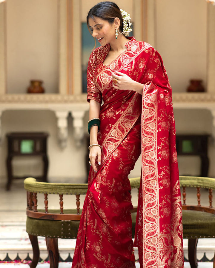 Red Color Banarasi Jacquard Zari Weaving Saree