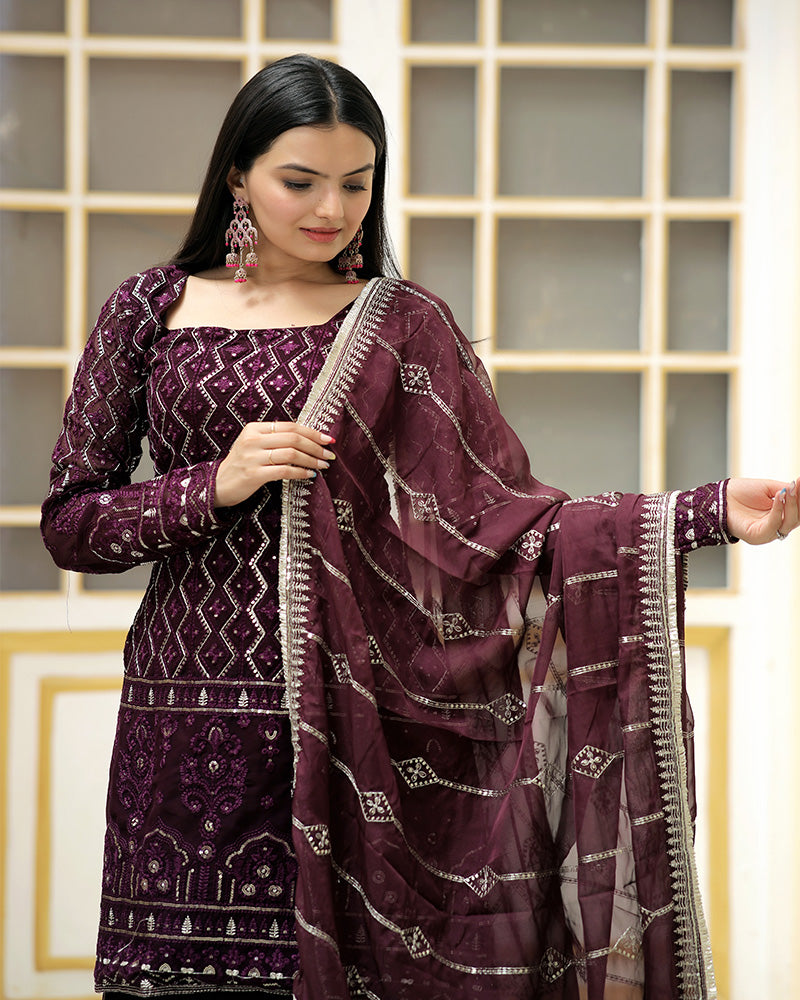 Wine Color Three Piece Sharara Suit