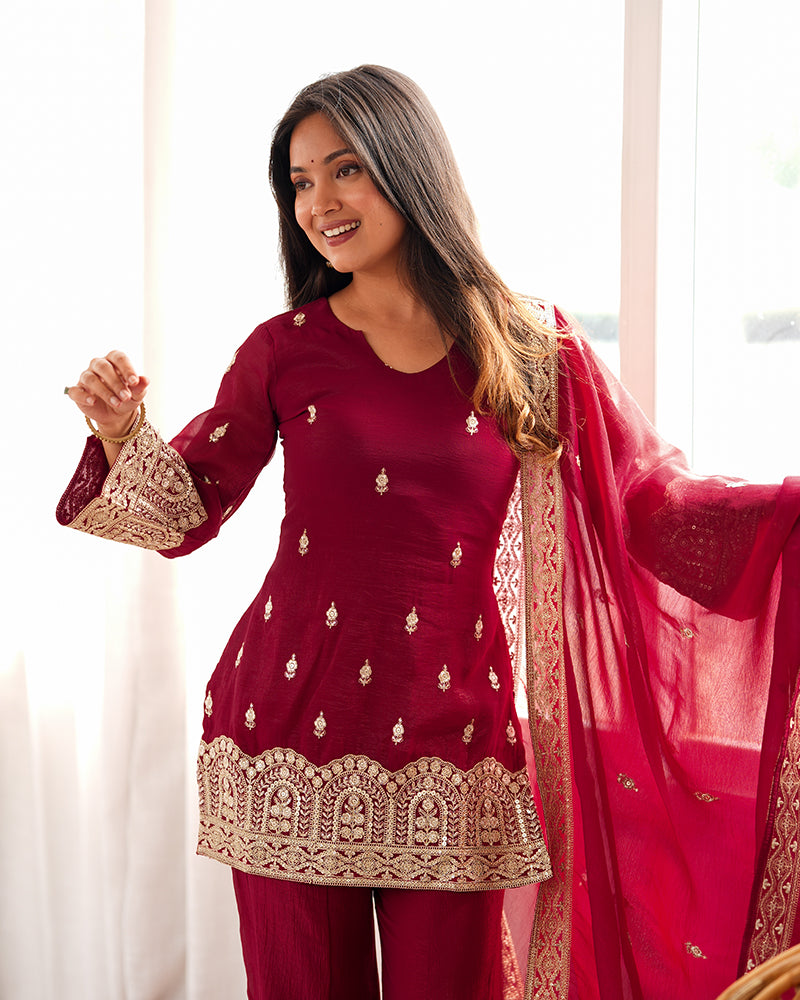 Maroon  Color Crunchy Silk Embroidered Plazzo Suit