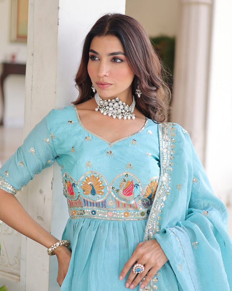 Sky Color Gold Crush Embroidered Lehenga Choli