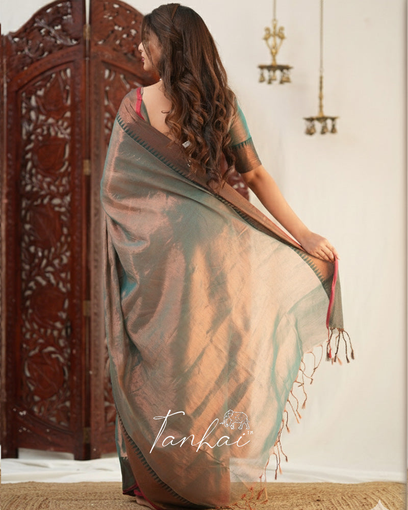 Sea Green Color Tissue Cotton Saree