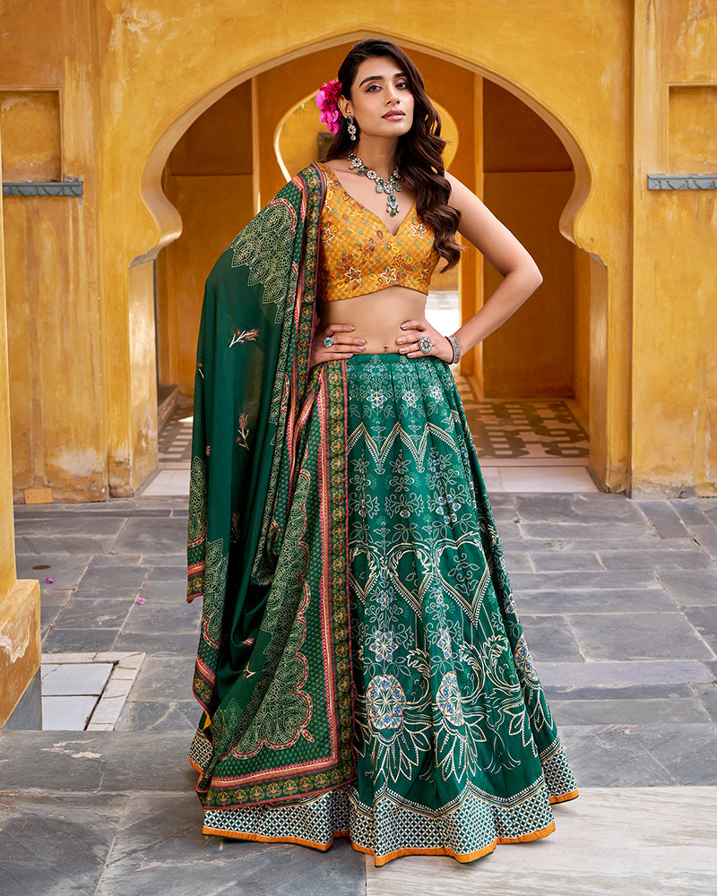 Bottle Green Color Vichitra Silk Printed And Embroidered Lehenga Choli