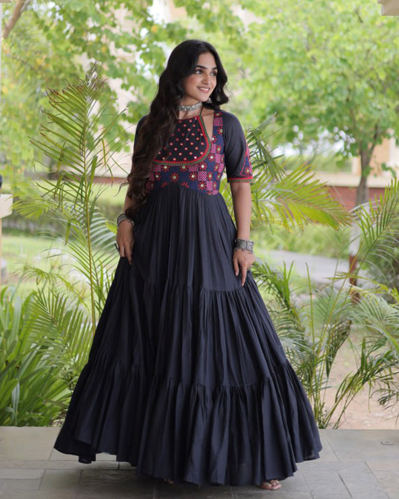 Two Color Kora Cotton with Multi Thread Embroidered Navratri Gown