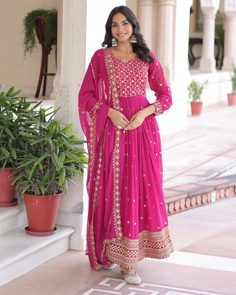 Hot Pink Color Georgette Embroidered Designer Gown